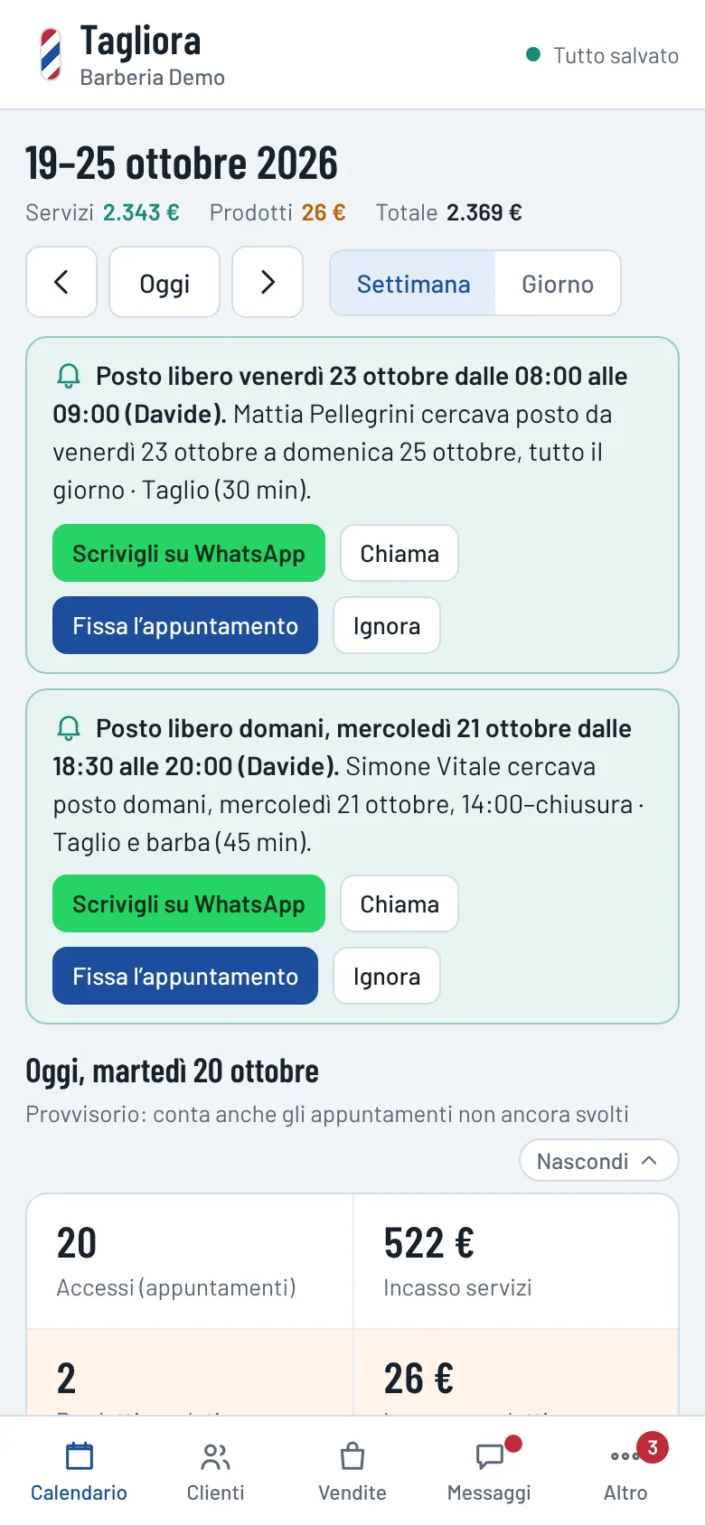 L’agenda di Tagliora sul telefono
