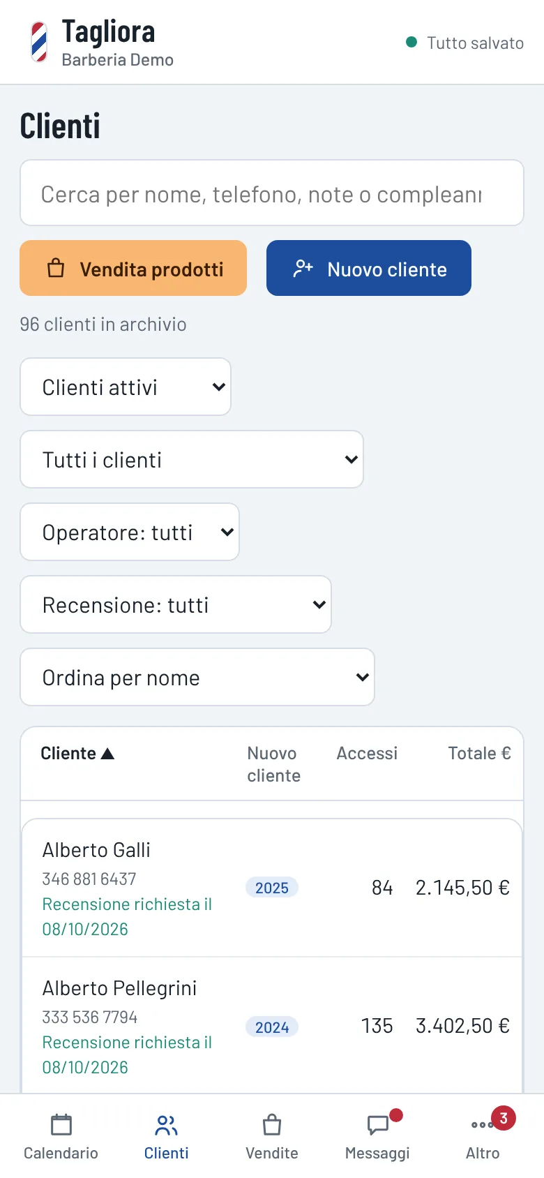 L’elenco clienti con visite e spesa, sul telefono