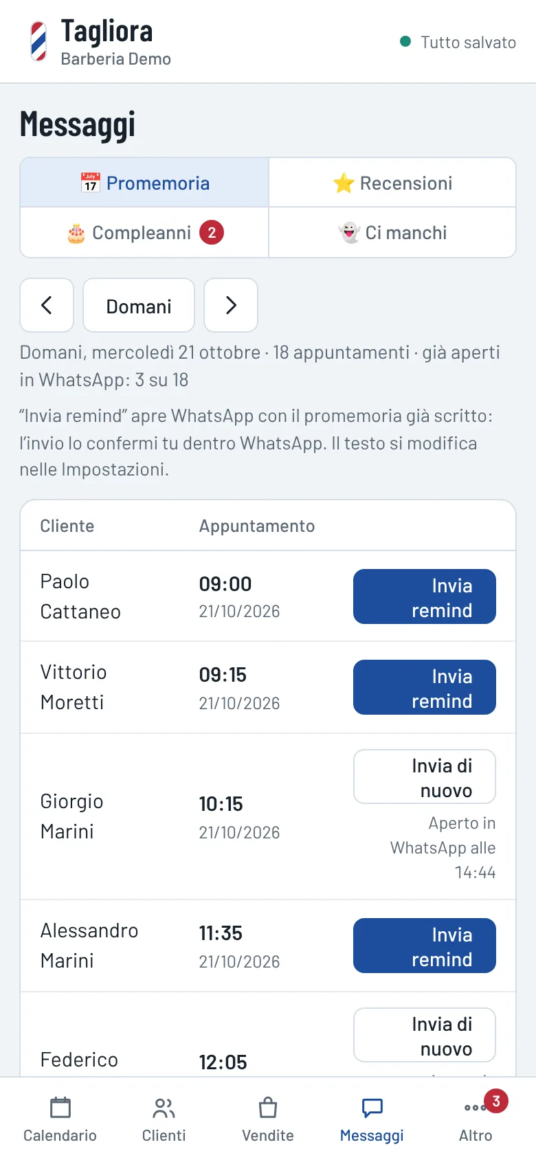I promemoria WhatsApp per gli appuntamenti di domani, sul telefono